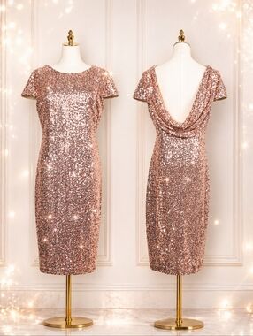 Belle Badgley Mischka Sequin Evening Gown Rose Gold Cowl Back Size 14 Formal